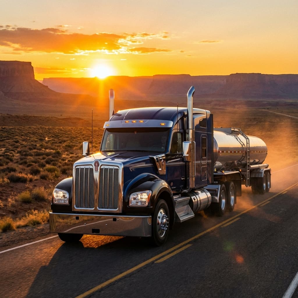 Cinematic shot of a semi-truck at sunset