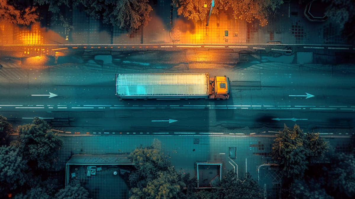 Aerial view of a truck on the highway at night